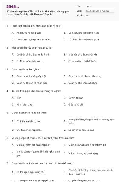 30 câu trắc nghiệm KTPL 11 Bài 6: Khái niệm, các nguyên tắc cơ bản của pháp luật dân sự có đáp án