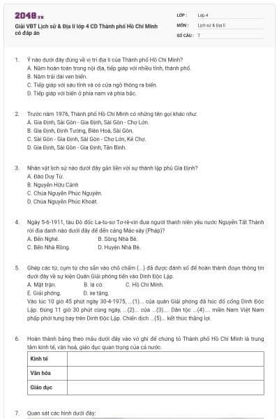 Giải VBT Lịch sử & Địa lí lớp 4 CD Thành phố Hồ Chí Minh có đáp án