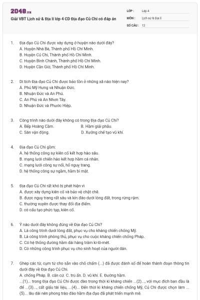 Giải VBT Lịch sử & Địa lí lớp 4 CD Địa đạo Củ Chi có đáp án