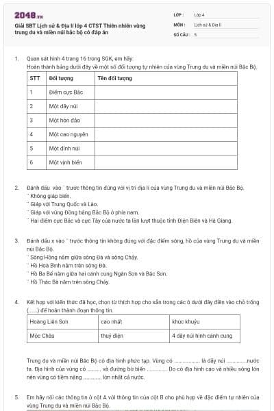Giải SBT Lịch sử & Địa lí lớp 4 CTST Thiên nhiên vùng trung du và miền núi bắc bộ có đáp án