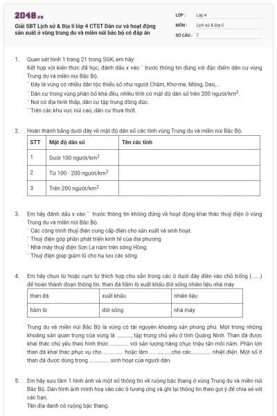 Giải SBT Lịch sử & Địa lí lớp 4 CTST Dân cư và hoạt động sản xuất ở vùng trung du và miền núi bắc bộ có đáp án