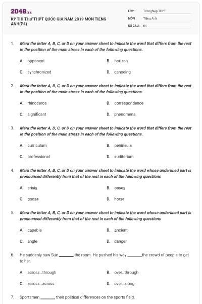 KỲ THI THỬ THPT QUỐC GIA NĂM 2019 MÔN TIẾNG ANH(P4)