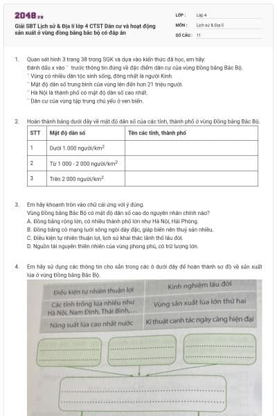 Giải SBT Lịch sử & Địa lí lớp 4 CTST Dân cư và hoạt động sản xuất ở vùng đồng bằng bắc bộ có đáp án