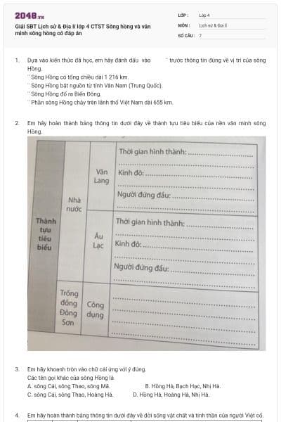Giải SBT Lịch sử & Địa lí lớp 4 CTST Sông hồng và văn minh sông hồng có đáp án
