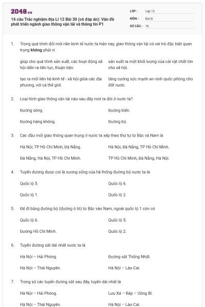 16 câu Trắc nghiệm Địa Lí 12 Bài 30 (có đáp án): Vấn đề phát triển ngành giao thông vận tải và thông tin P1