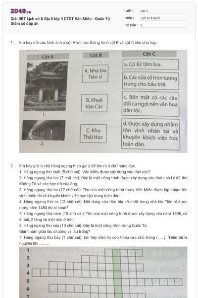 Giải SBT Lịch sử & Địa lí lớp 4 CTST Văn Miếu - Quốc Tử Giám có đáp án