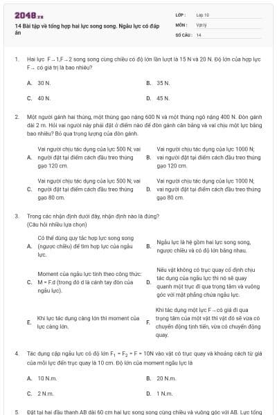 14 Bài tập về tổng hợp hai lực song song. Ngẫu lực có đáp án