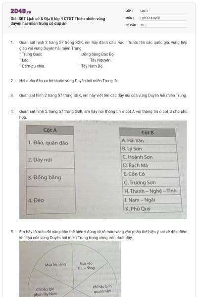Giải SBT Lịch sử & Địa lí lớp 4 CTST Thiên nhiên vùng duyên hải miền trung có đáp án