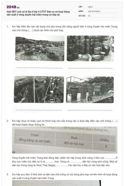 Giải SBT Lịch sử & Địa lí lớp 4 CTST Dân cư và hoạt động sản xuất ở vùng duyên hải miền trung có đáp án