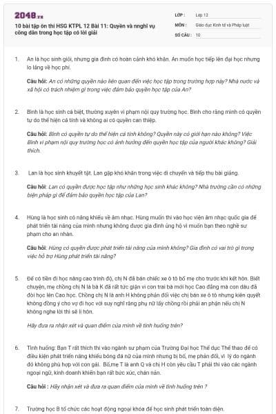 10 bài tập ôn thi HSG KTPL 12 Bài 11: Quyền và nnghĩ vụ công dân trong học tập có lời giải