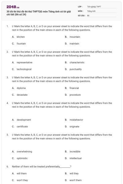 30 đề thi thử đề thi thử THPTQG môn Tiếng Anh có lời giải chi tiết (Đề số 24)