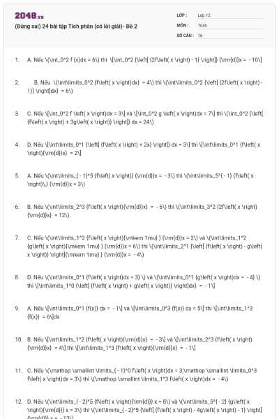 (Đúng sai) 24 bài tập Tích phân (có lời giải)- Đề 2