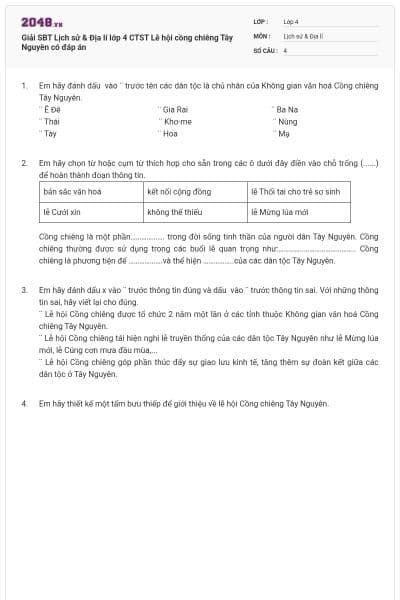 Giải SBT Lịch sử & Địa lí lớp 4 CTST Lễ hội cồng chiêng Tây Nguyên có đáp án