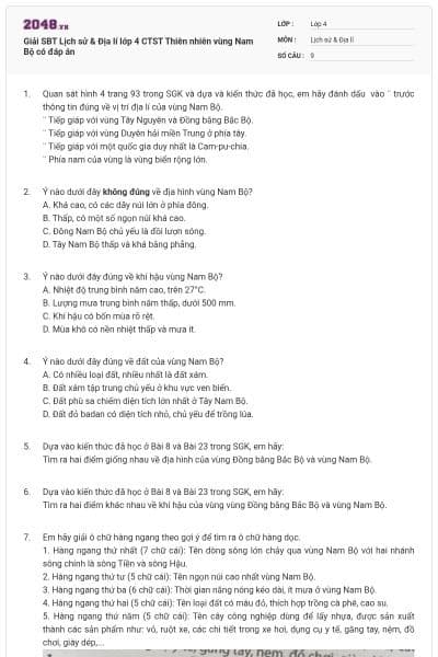 Giải SBT Lịch sử & Địa lí lớp 4 CTST Thiên nhiên vùng Nam Bộ có đáp án