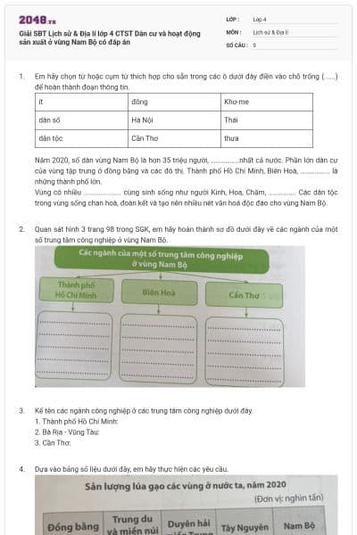 Giải SBT Lịch sử & Địa lí lớp 4 CTST Dân cư và hoạt động sản xuất ở vùng Nam Bộ có đáp án