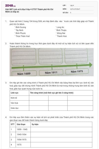 Giải SBT Lịch sử & Địa lí lớp 4 CTST Thành phố Hồ Chí Minh có đáp án