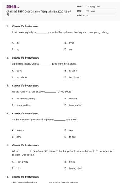 Đề thi thử THPT Quốc Gia môn Tiếng anh năm 2020 (Đề số 9)