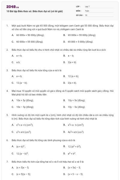 10 Bài tập Biểu thức số. Biểu thức đại số (có lời giải)