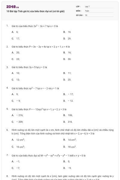 10 Bài tập Tính giá trị của biểu thức đại số (có lời giải)