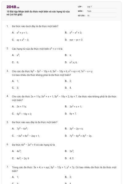 10 Bài tập Nhận biết đa thức một biến và các hạng tử của nó (có lời giải)