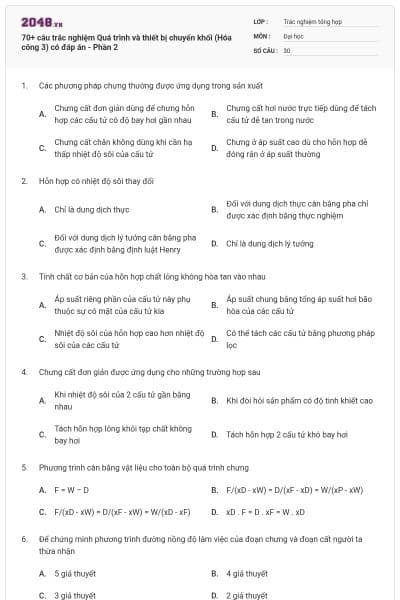 70+ câu trắc nghiệm Quá trình và thiết bị chuyển khối (Hóa công 3) có đáp án - Phần 2