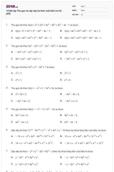 10 Bài tập Thu gọn và sắp xếp đa thức một biến (có lời giải)