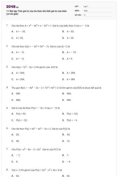 11 Bài tập Tính giá trị của đa thức khi biết giá trị của biến (có lời giải)