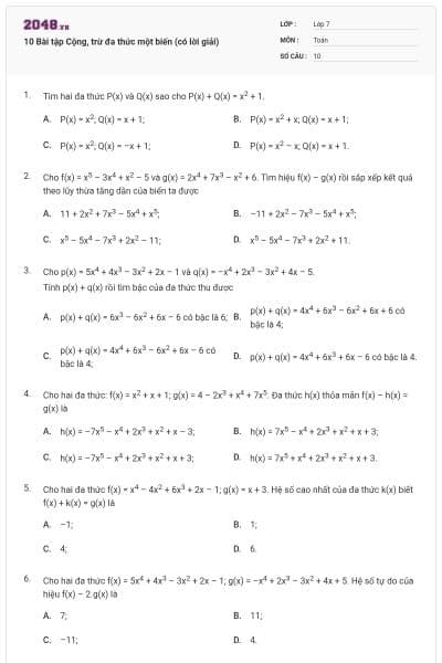 10 Bài tập Cộng, trừ đa thức một biến (có lời giải)