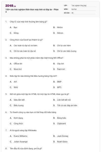 150+ câu trắc nghiệm Kiến thức máy tính có đáp án - Phần 4