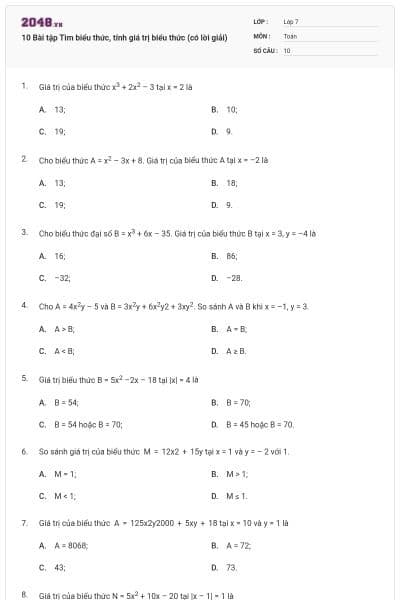 10 Bài tập Tìm biểu thức, tính giá trị biểu thức (có lời giải)