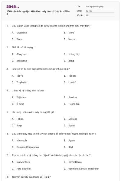 150+ câu trắc nghiệm Kiến thức máy tính có đáp án - Phần 5