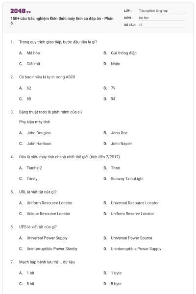 150+ câu trắc nghiệm Kiến thức máy tính có đáp án - Phần 6