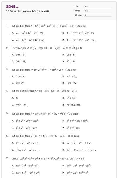 10 Bài tập Rút gọn biểu thức (có lời giải)