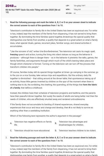 Đề thi thử THPT Quốc Gia môn Tiếng anh năm 2020 (Đề số 10)