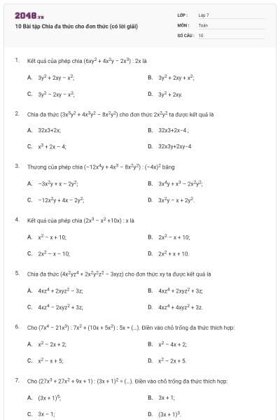 10 Bài tập Chia đa thức cho đơn thức (có lời giải)