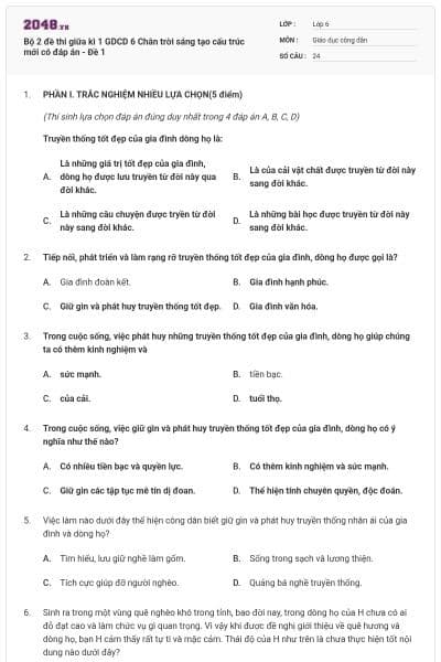 Bộ 2 đề thi giữa kì 1 GDCD 6 Chân trời sáng tạo cấu trúc mới có đáp án - Đề 1