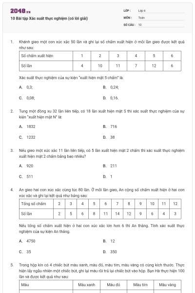 10 Bài tập Xác suất thực nghiệm (có lời giải)