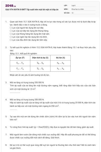 Giải VTH KHTN 8 KNTT Áp suất trên một bề mặt có đáp án