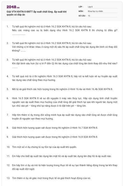 Giải VTH KHTN 8 KNTT Áp suất chất lỏng. Áp suất khí quyển có đáp án