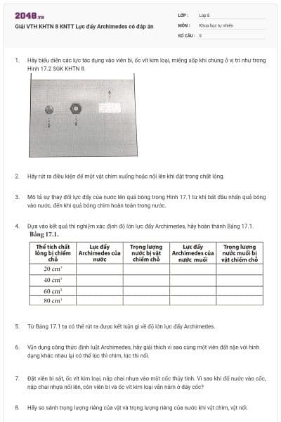 Giải VTH KHTN 8 KNTT Lực đẩy Archimedes có đáp án