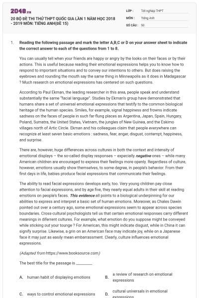 20 BỘ ĐỀ THI THỬ THPT QUỐC GIA LẦN 1 NĂM HỌC 2018 - 2019 MÔN: TIẾNG ANH(ĐỀ 15)