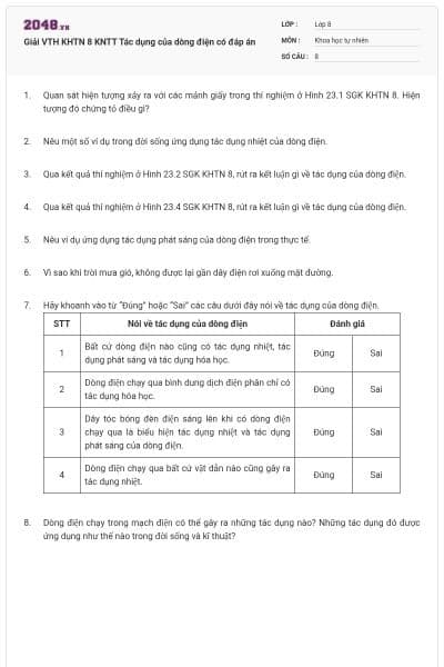Giải VTH KHTN 8 KNTT Tác dụng của dòng điện có đáp án