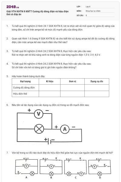 Giải VTH KHTN 8 KNTT Cường độ dòng điện và hiệu điện thế có đáp án