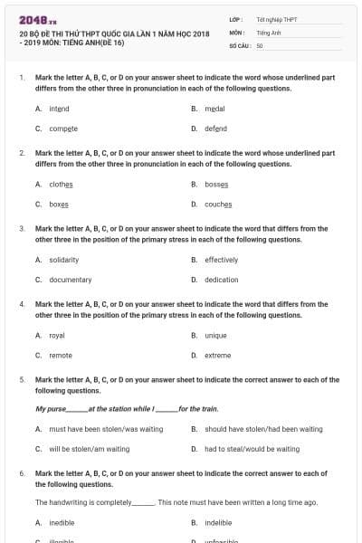 20 BỘ ĐỀ THI THỬ THPT QUỐC GIA LẦN 1 NĂM HỌC 2018 - 2019 MÔN: TIẾNG ANH(ĐỀ 16)