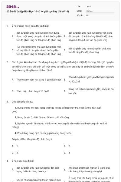 20 Bộ đề ôn tập Hóa Học 10 có lời giải cực hay (Đề số 16)