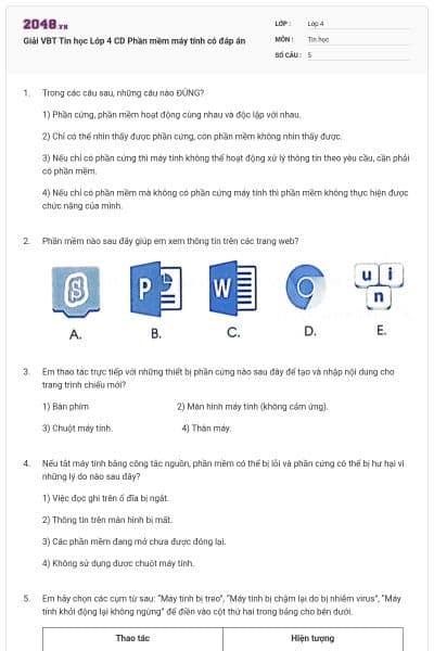 Giải VBT Tin học Lớp 4 CD Phần mềm máy tính có đáp án