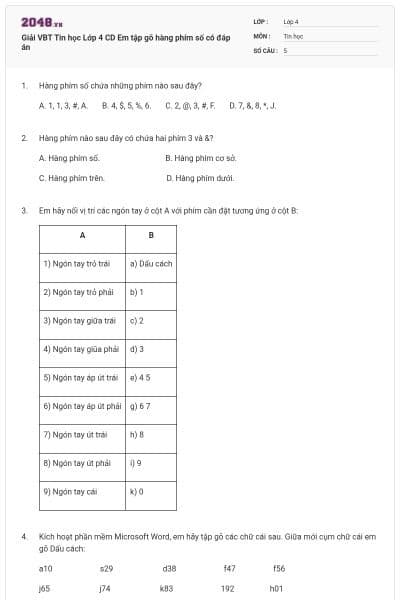 Giải VBT Tin học Lớp 4 CD Em tập gõ hàng phím số có đáp án