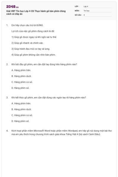 Giải VBT Tin học Lớp 4 CD Thực hành gõ bàn phím đúng cách có đáp án