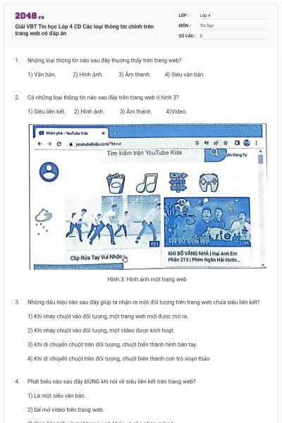 Giải VBT Tin học Lớp 4 CD Các loại thông tin chính trên trang web có đáp án