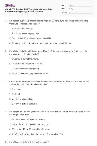 Giải VBT Tin học Lớp 4 CD Tác hại của việc xem những trang web không phù hợp lứa tuổi có đáp án